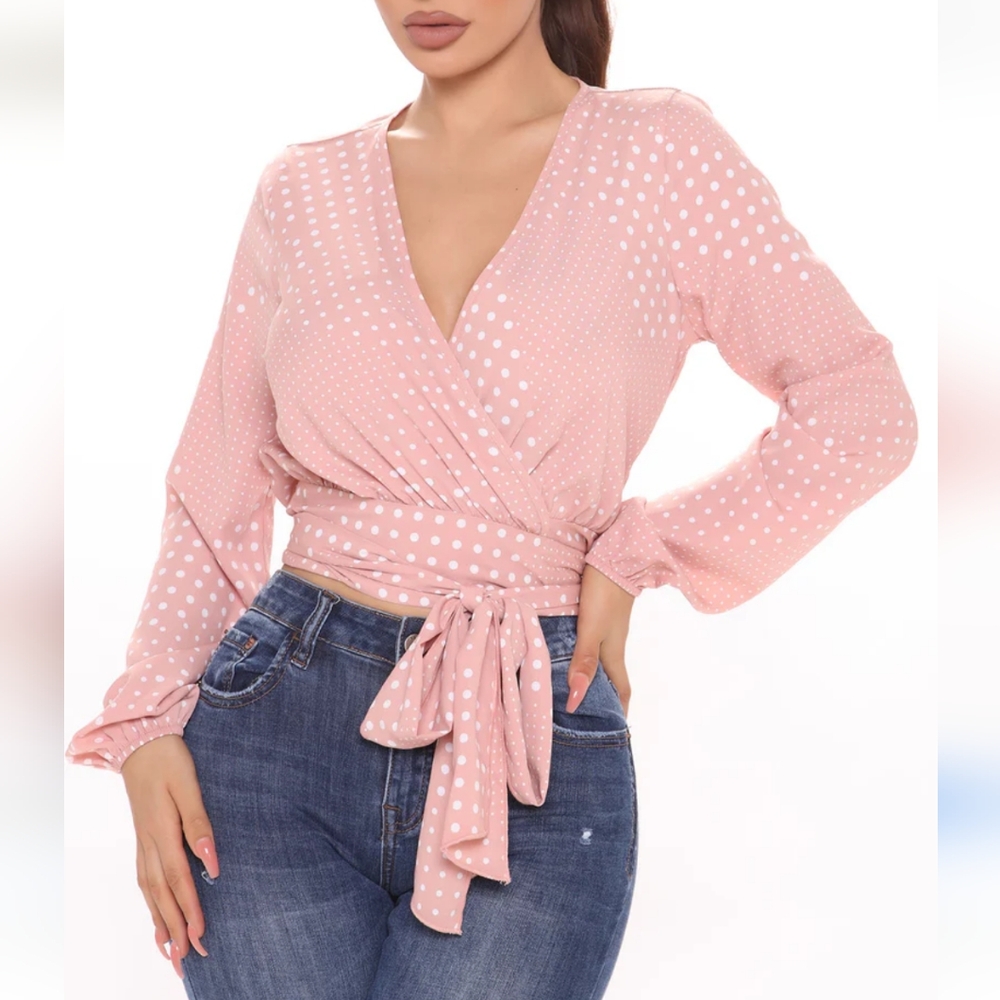 NWT Fashion Nova Polkadot Wrap Top Women's 1X Pink Barbiecore Retro 90s Y2K